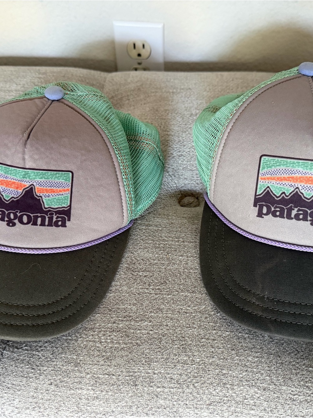 2 Patagonia Kids OS Trucker Hat in Mint Green, Black & Lavender Trim